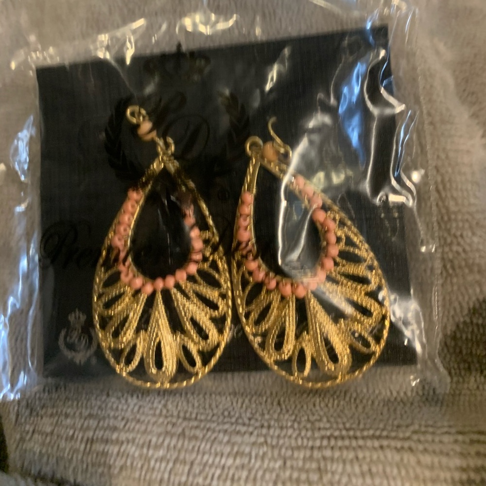 Gold statement earrings by Premier Designs-gold design with peach/coral accents